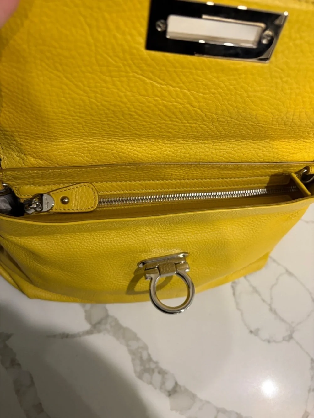 Salvatore Ferragamo Yellow Pebbled Leather Satchel with Crossbody Strap